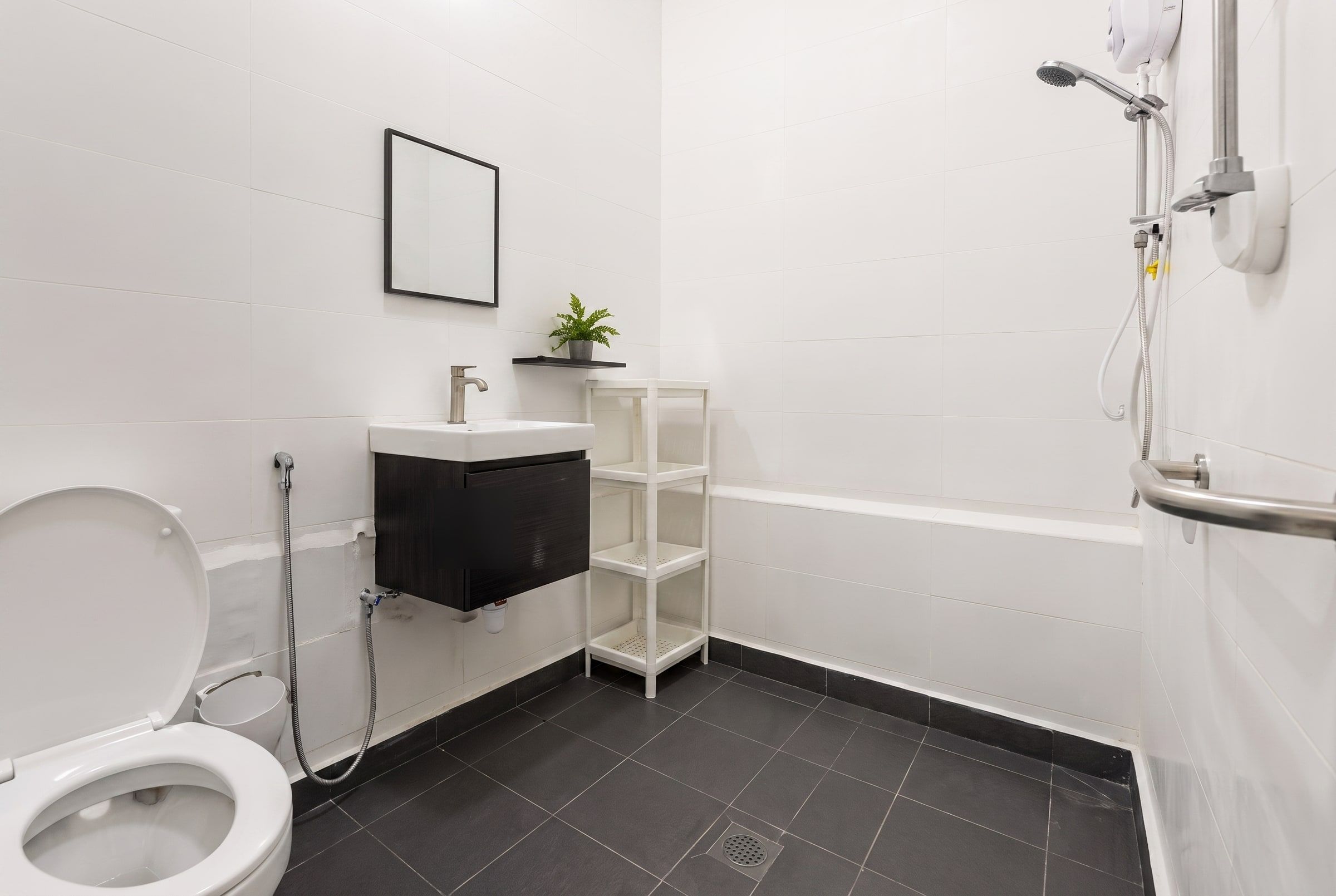 Renovated bathroom with vanity basin, mirror and shower rail