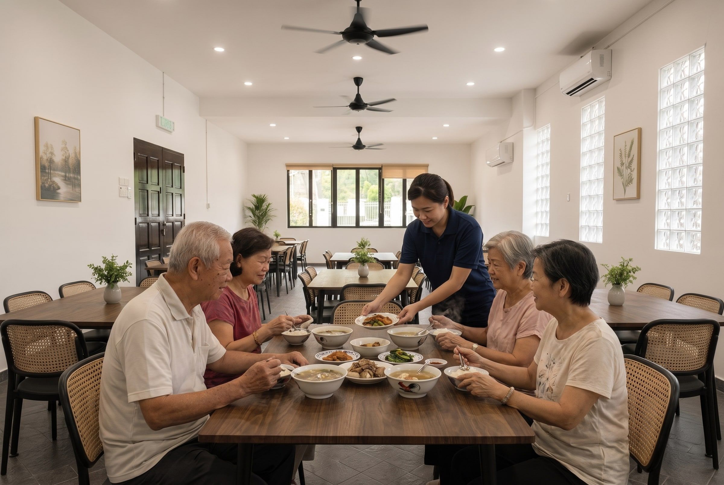 Residents sharing a meal with soup in the dining hall while a caregiver serves