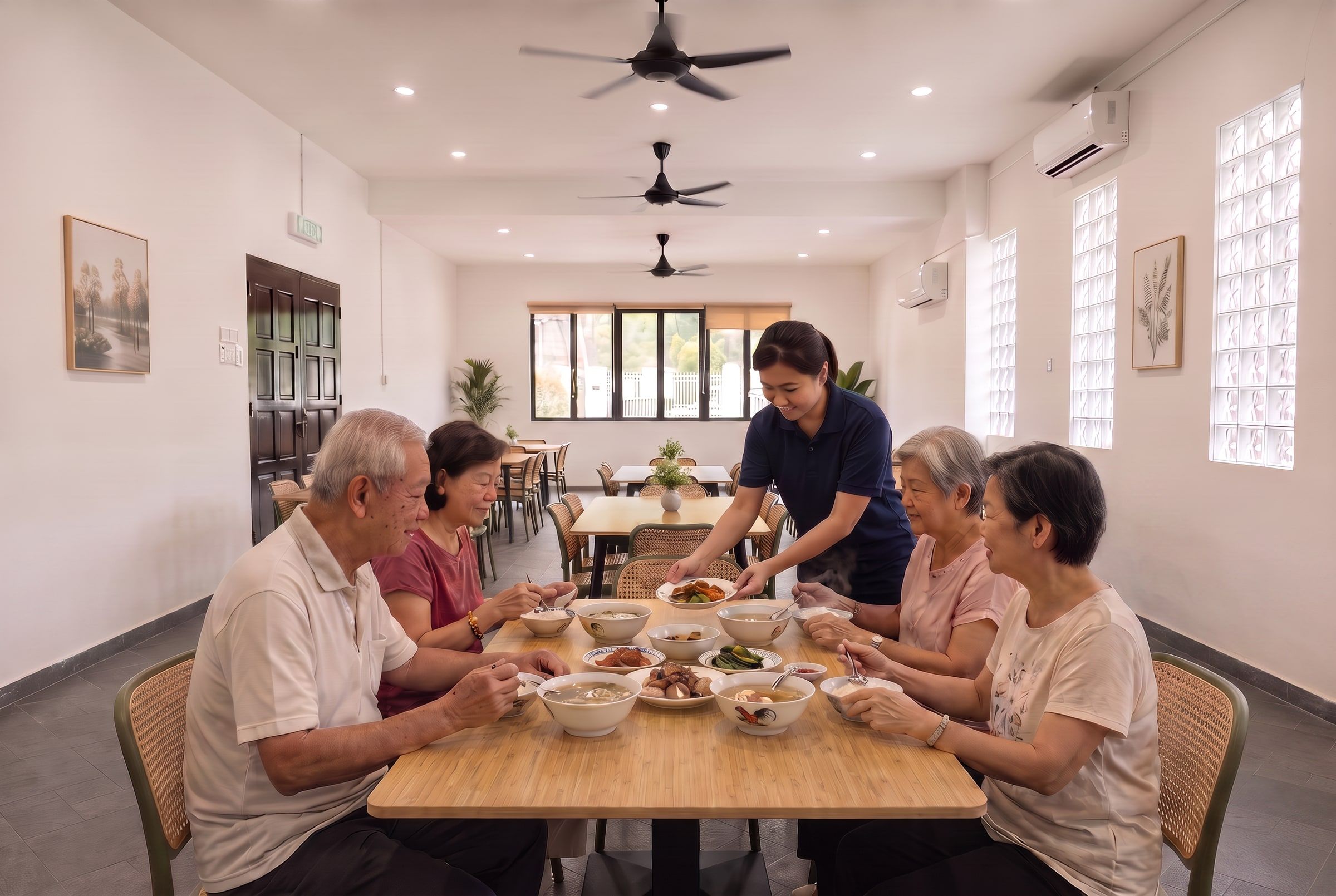 A caregiver serving residents at the dining table while they share a meal with soup