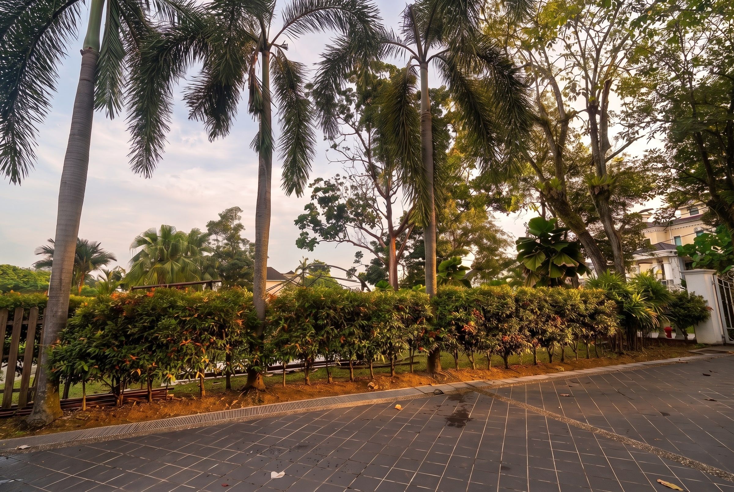 Lush greenery and hedges on the estate grounds