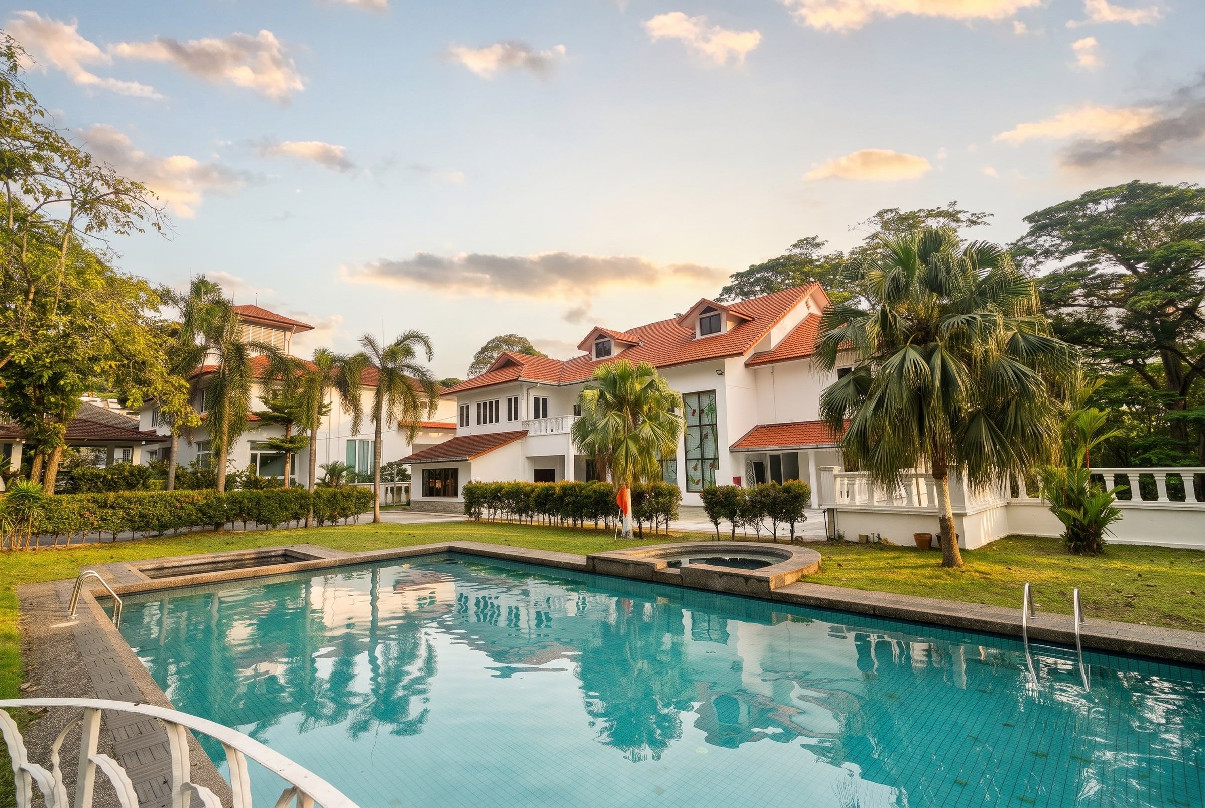Golden-hour light over Trivelle Living's white bungalow, gardens and swimming pool in Country Heights, Kajang