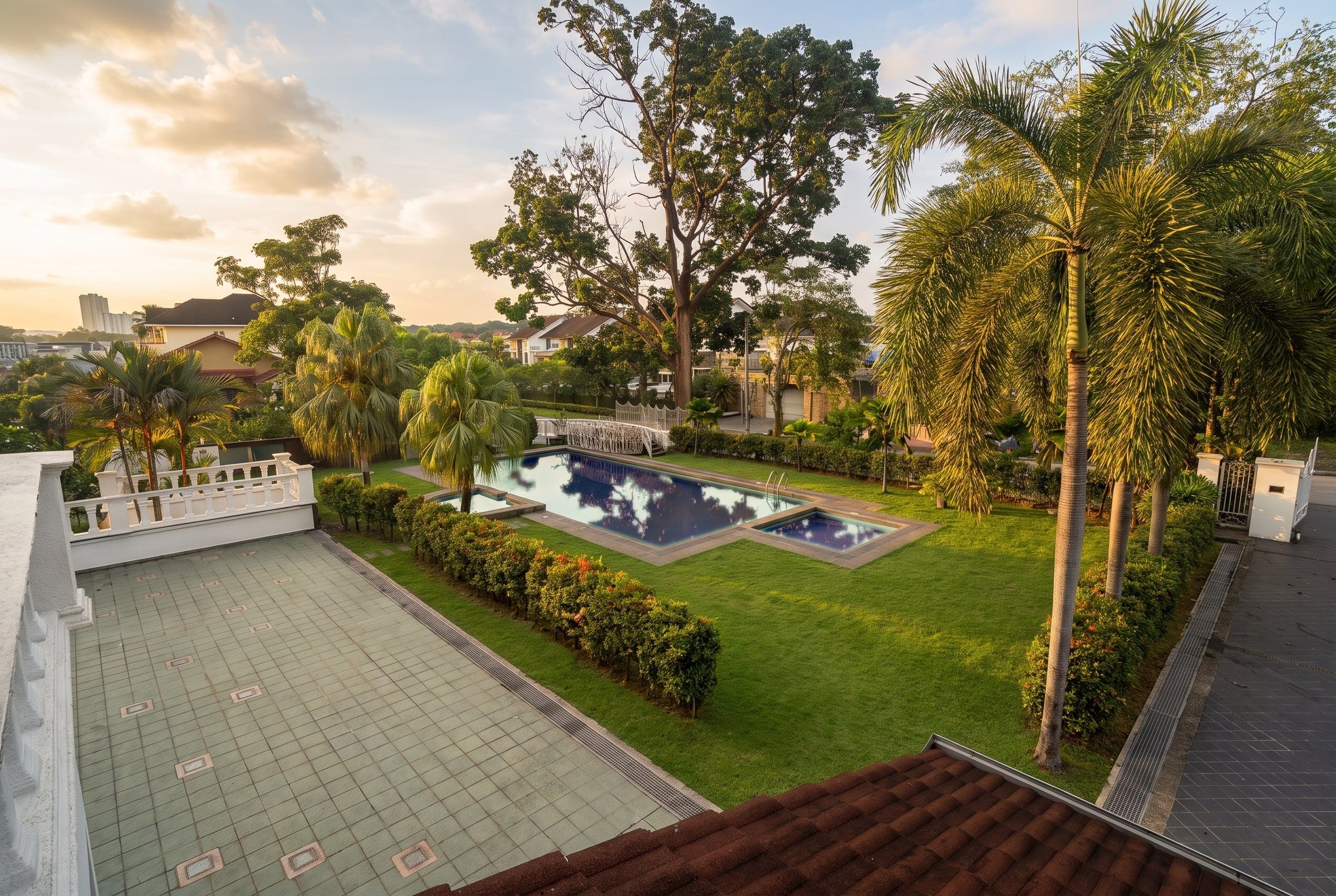 The pool and gardens seen from the first-floor terrace