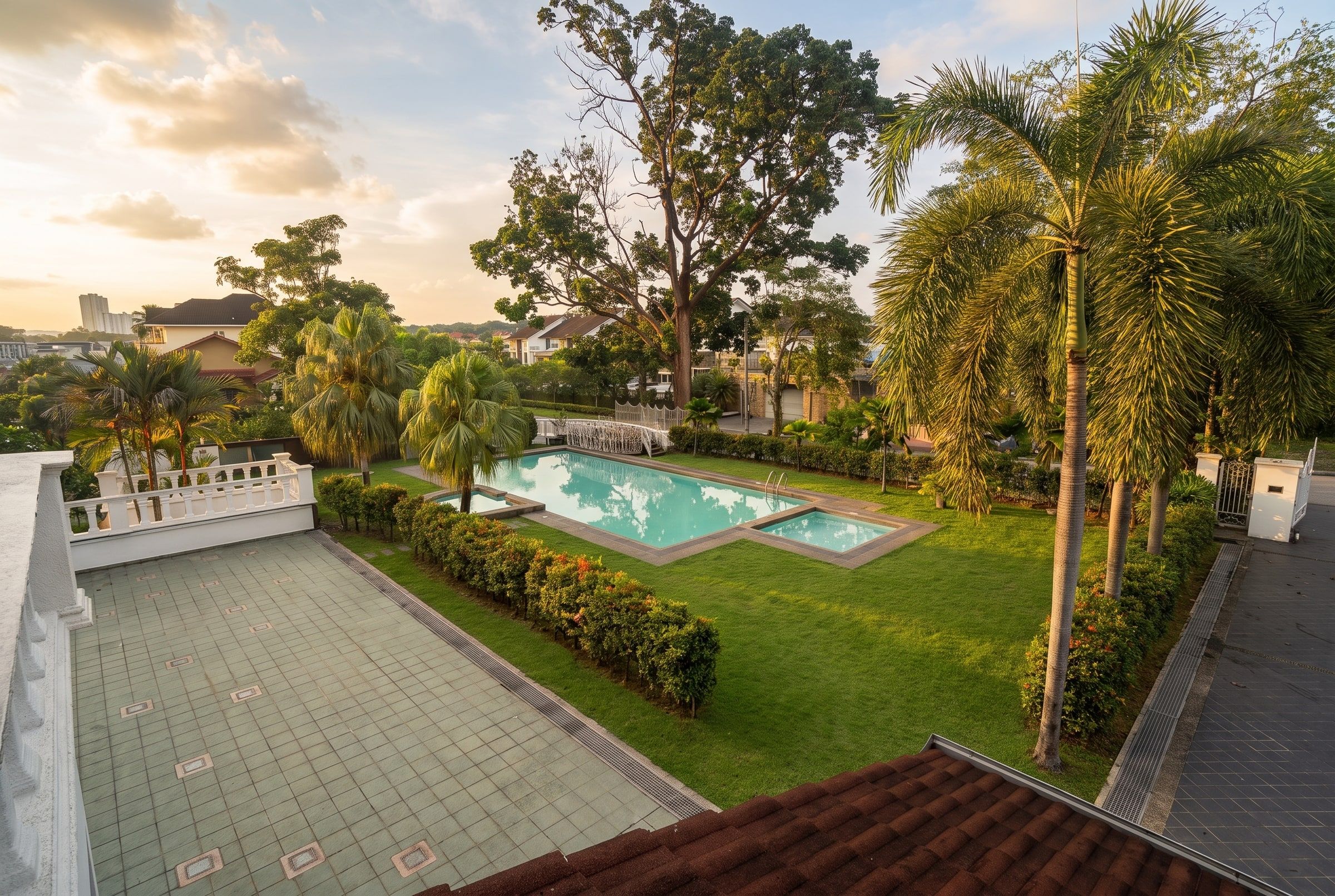 The pool and gardens seen from the first-floor terrace