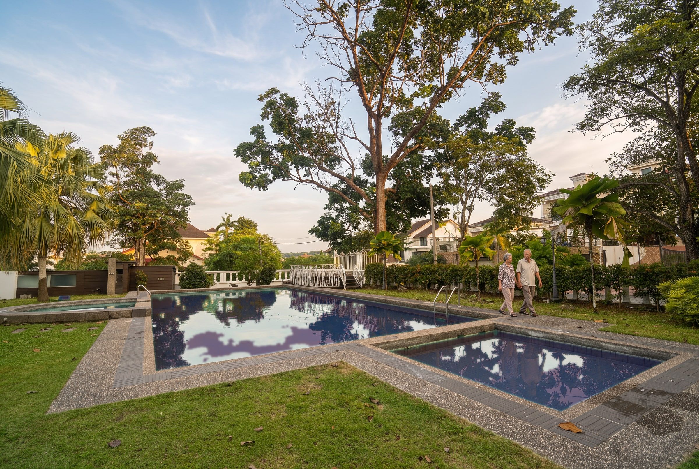 Two residents strolling together along the poolside garden at golden hour