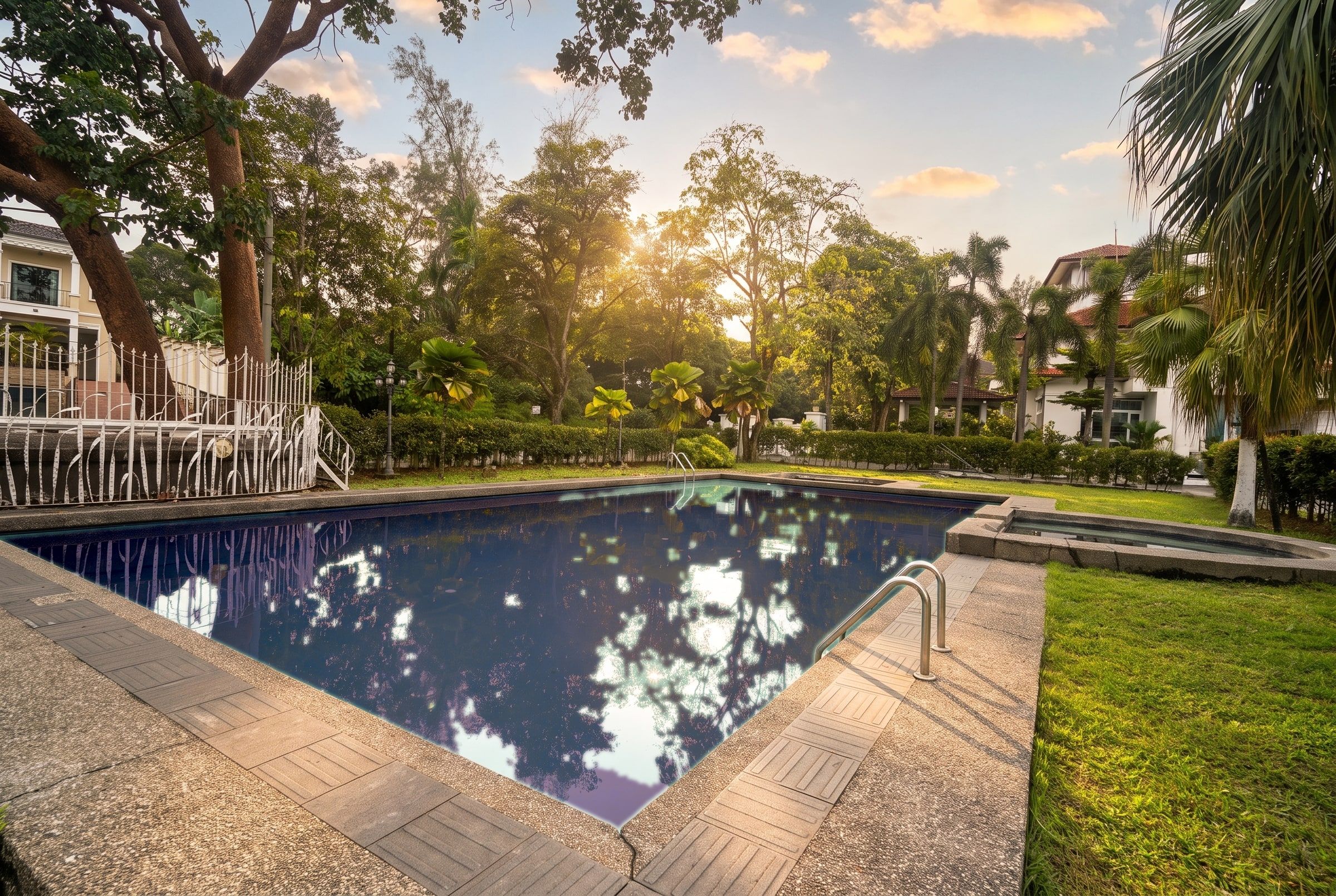 The pool beneath mature trees on the 22,000 sq ft grounds