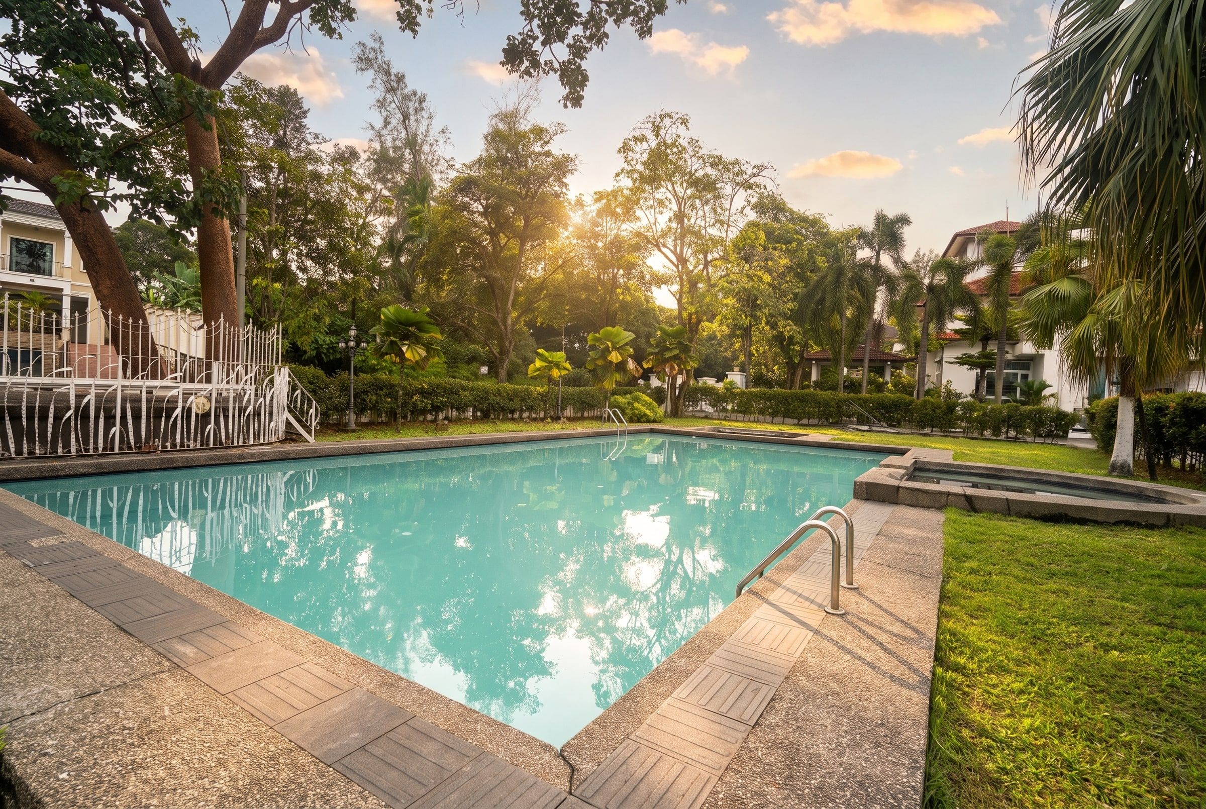 The pool beneath mature trees on the 22,000 sq ft grounds